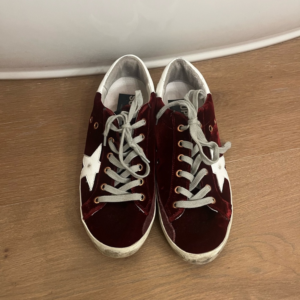 Golden Goose Burgundy Velvet Sneakers
